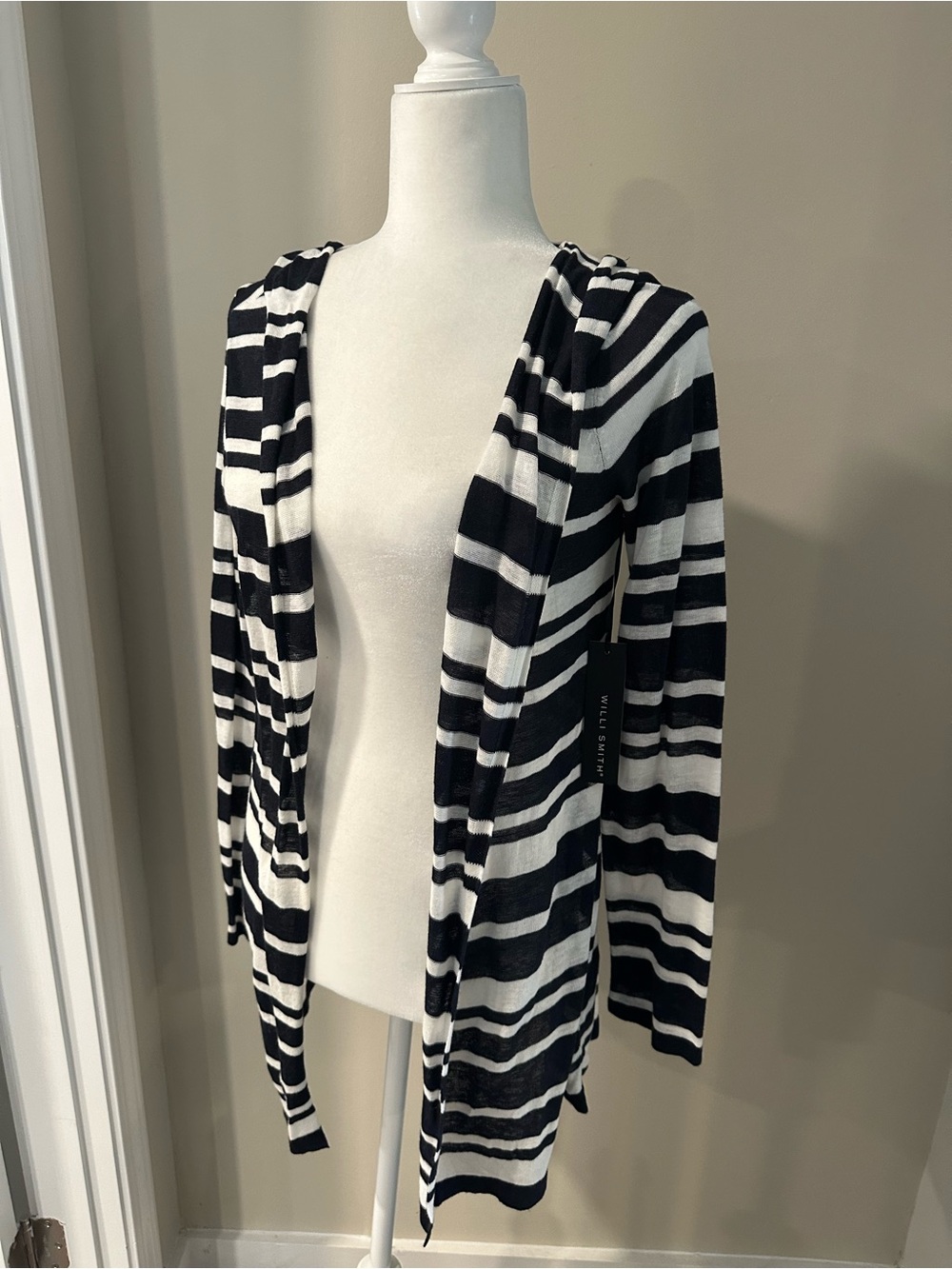 Willi Smith Black & White Striped Hooded Open Cardigan